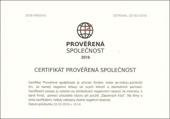 Certifikát prověřená společnost